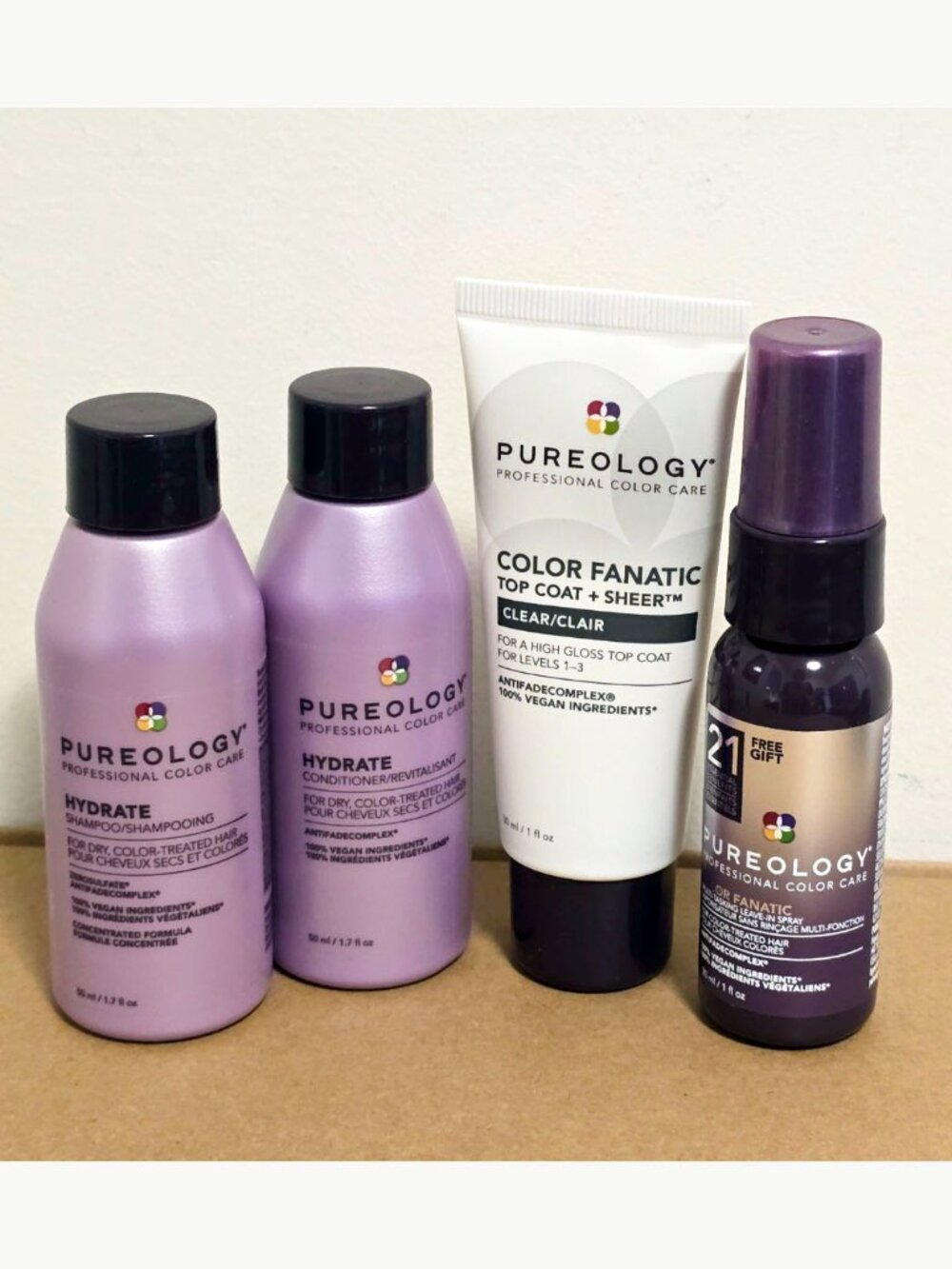 Pureology 4 Pc Travel Set Hydrate Shampoo Conditioner Color Fanatic Top Coat NEW